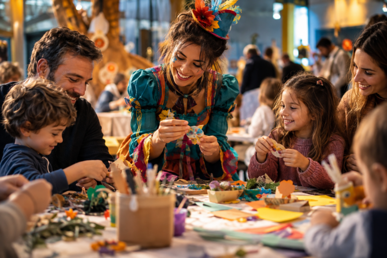 Animatrice conduce un laboratorio creativo per famiglie