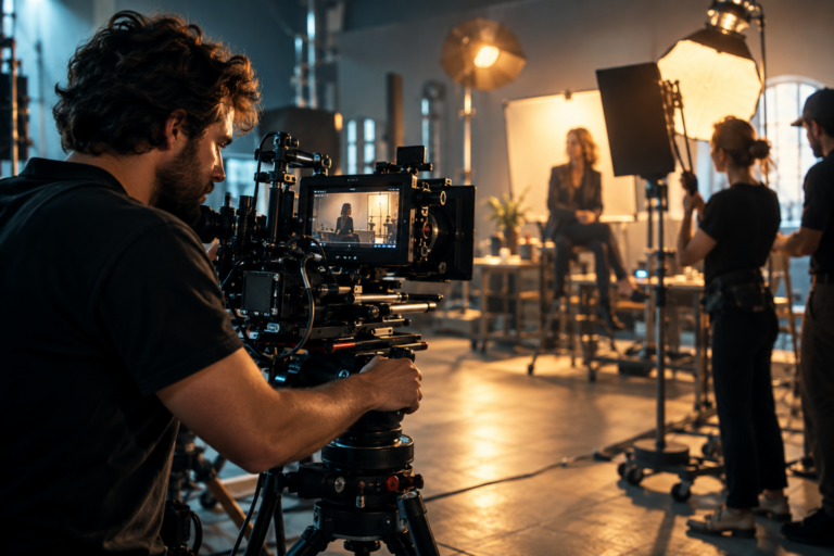 Operatore di ripresa al lavoro con una cinepresa professionale
