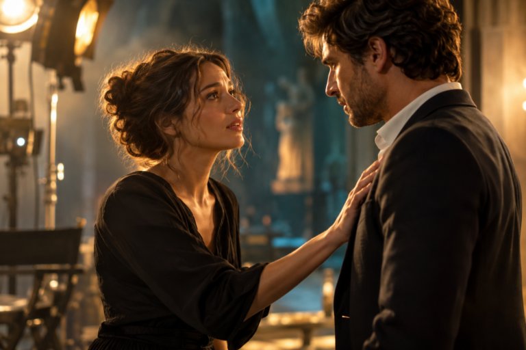 Attore e attrice durante la prova di una scena