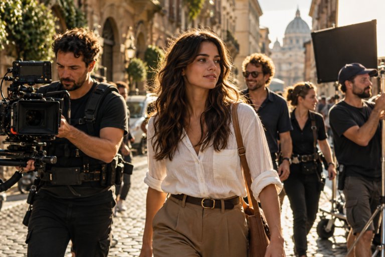 Figuranti e troupe durante le riprese in una strada italiana