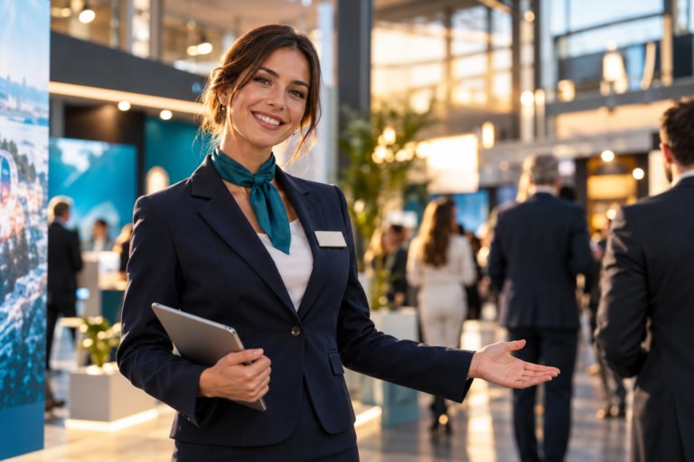 Hostess in divisa elegante accoglie i visitatori di una fiera